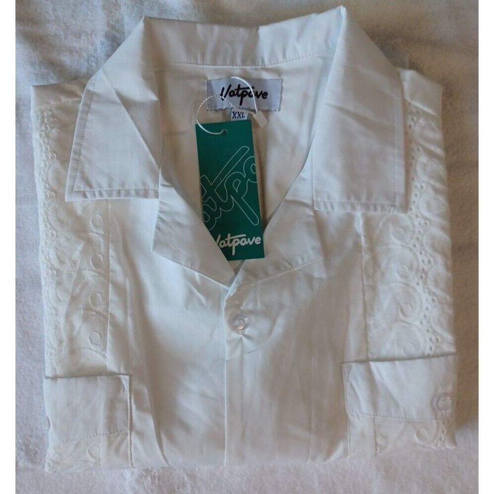 Vatpave Mens White Guayabera Shirt XXL Short Sleeve Embroidered Button Down‎ New